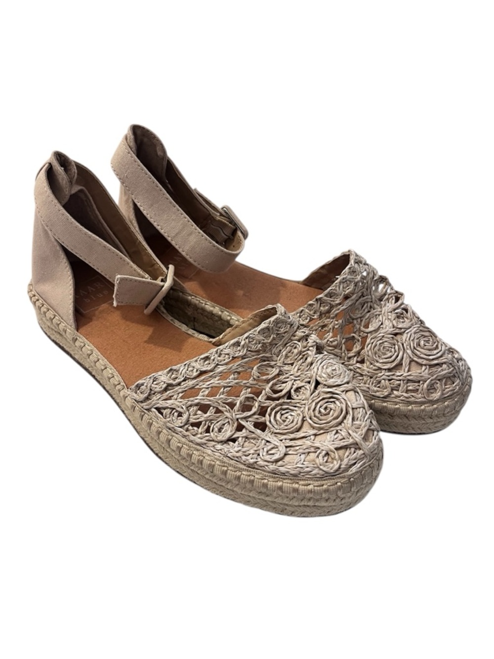 Kaari Blue Lisa Espadrille Sandals Beige Lace Crochet Ankle Strap Flats Size 7.5